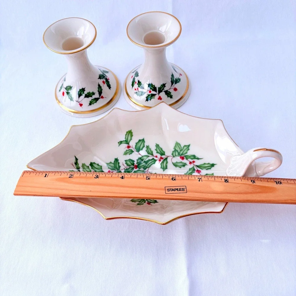 Vintage Lenox Holiday Candle Holder Set & Leaf Dish Gold Trim Holly Berry 3pc